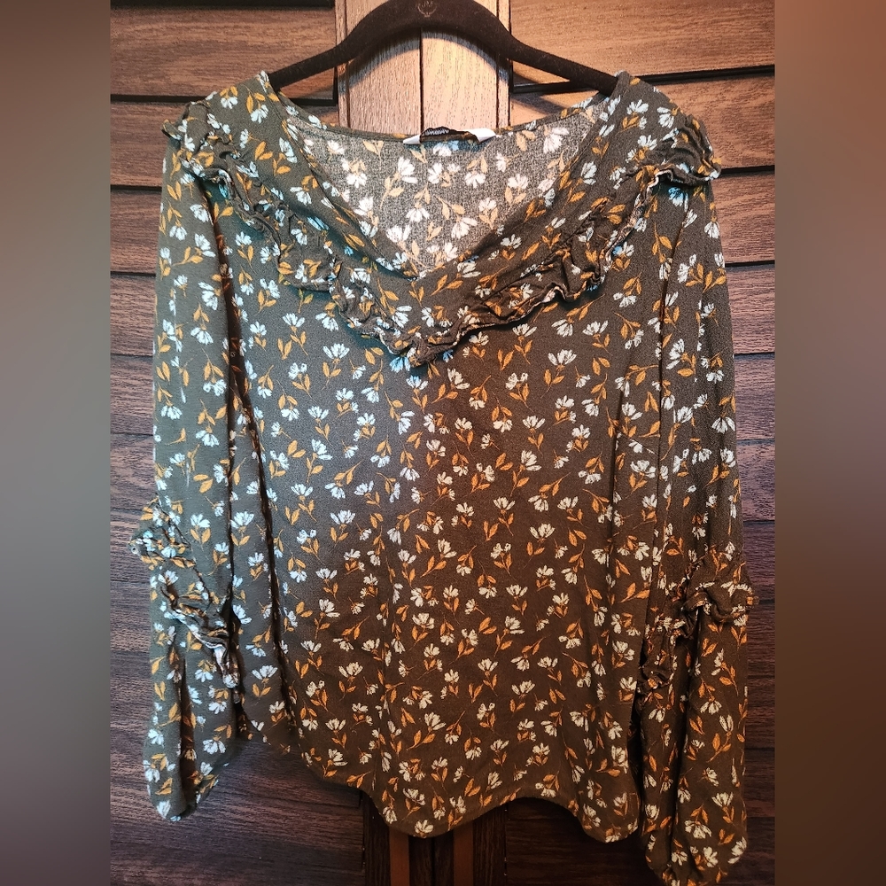 Sonoma 0x Long Sleeve Green Floral Blouse